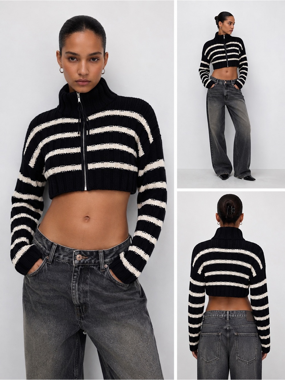 Zara Black & White Striped Cropped Zip Sweater size: M